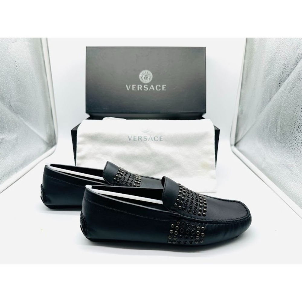 Versace DSU6456 Black Leather Studded Driving Loafers Mens 39.5 Made in Italy‎
